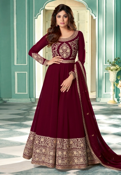 Shamita shetty maroon georgette long anarkali suit 8345