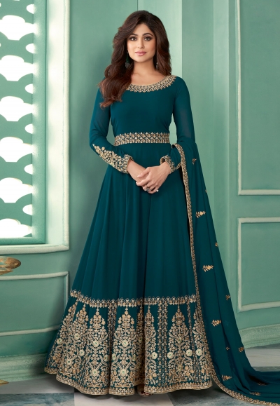 Shamita shetty teal georgette long anarkali suit 8347