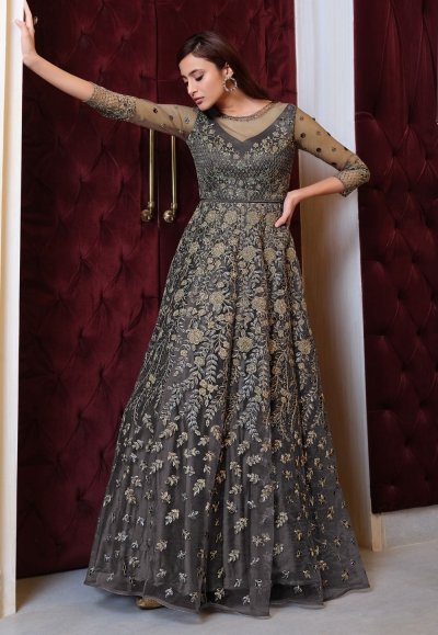 Grey net sequins work long anarkali suit 4625