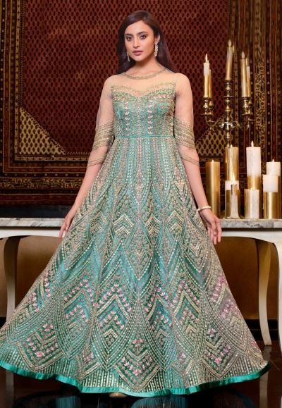 Sea green net sequins work long anarkali suit 4628