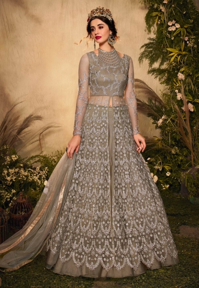 Grey net embroidered indo western lehenga choli 10013