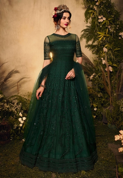 Green net embroidered floor length anarkali suit 10012