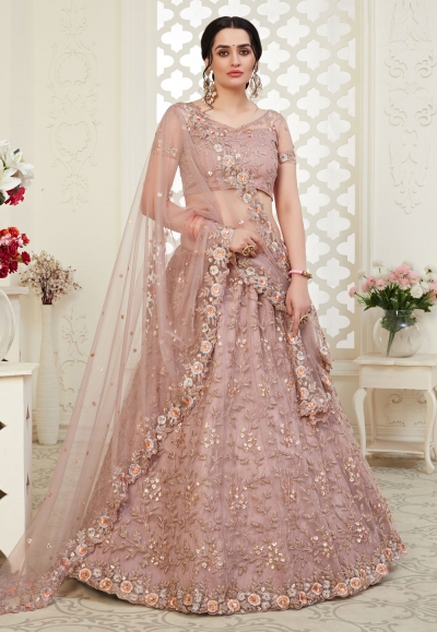 Brown embroidered net lehenga choli 1009C