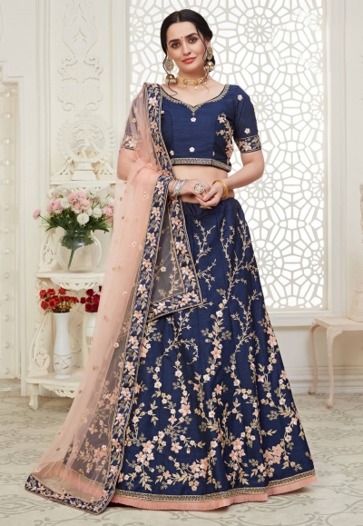 Navy blue silk sequins work lehenga choli 1011C