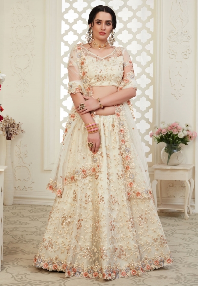 Cream embroidered net lehenga choli 1009B