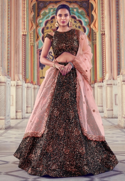 Black lycra cold shoulder designer lehenga choli 5806