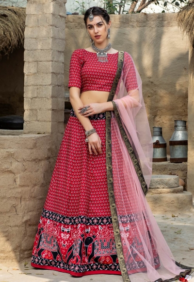 Red art silk bandhani print chaniya choli 1611