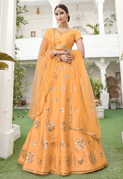 Yellow silk mirror work lehenga choli 1015