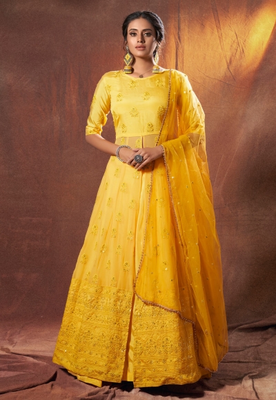 Yellow georgette embroidered lehenga choli 6306