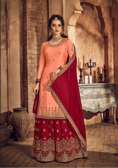 New Exclusive Red Color Embroidery Work Sharara Suit