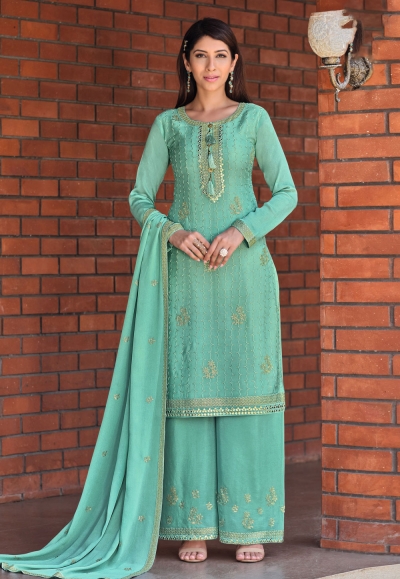 Sea green chinon kameez with palazzo 5229