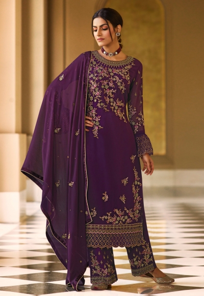 Purple georgette frill sleeve palazzo suit 526