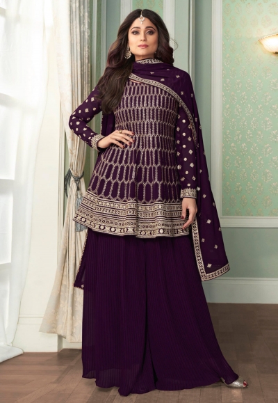 Shamita shetty purple georgette palazzo suit 8412