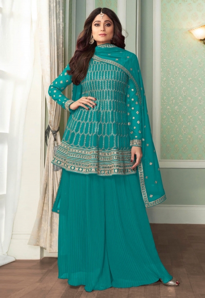 Shamita shetty turquoise georgette palazzo suit 8412B