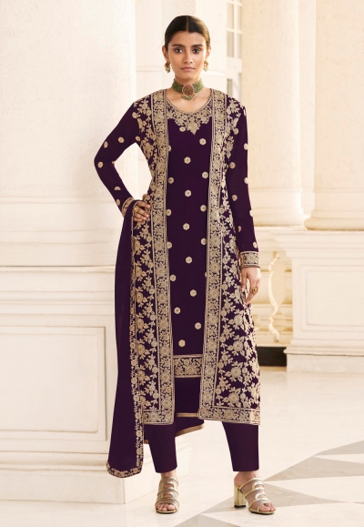 Purple georgette pant style suit 8413