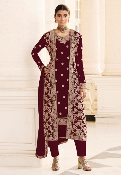 Maroon georgette pant style suit 8413B