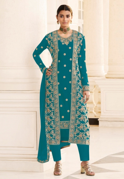 Turquoise georgette pant style suit with jacket 8413C