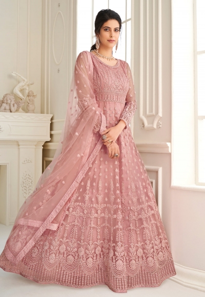 Pink net embroidered long anarkali suit 105