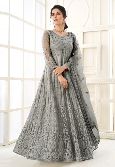 Grey net embroidered long anarkali suit 106