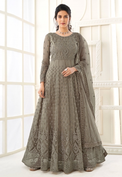 Grey net embroidered abaya style anarkali suit 108