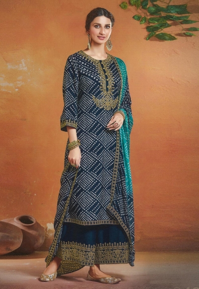 Navy blue tussar silk palazzo suit 119930