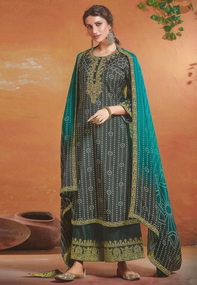 Grey tussar silk kameez with palazzo 119935