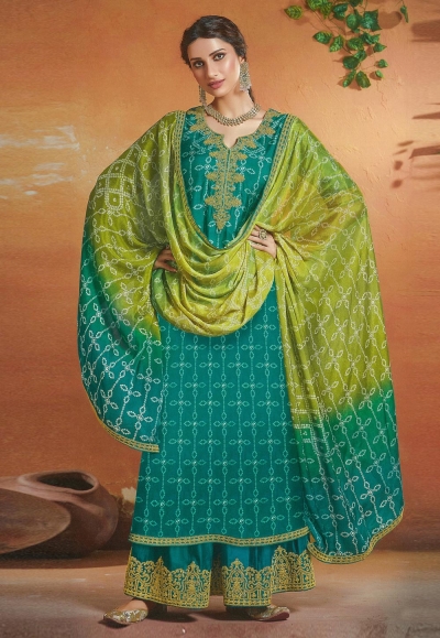 Teal tussar silk palazzo suit 119928