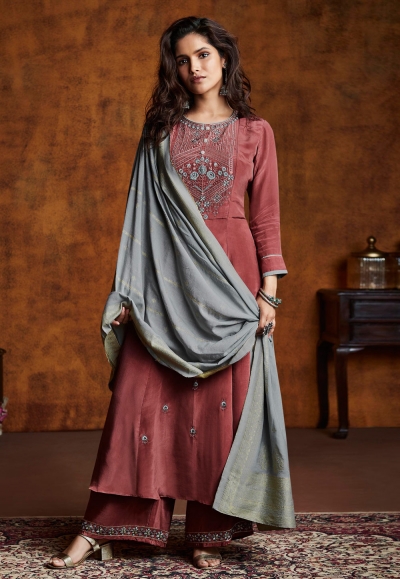 Wine silk palazzo suit 15