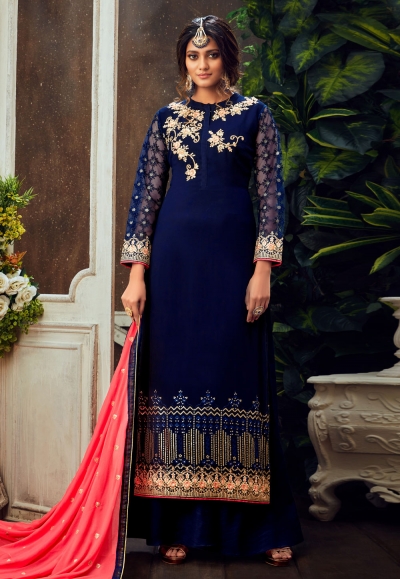 Blue georgette straight cut salwar suits 6506