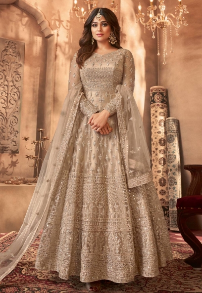 Shamita shetty beige net abaya style anarkali suit 8396