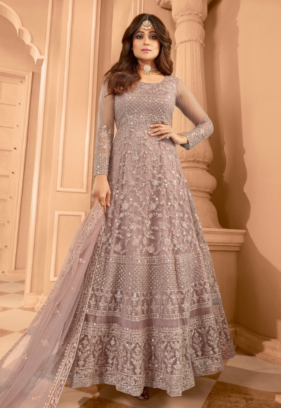 Shamita shetty light purple net ankle length anarkali suit 8398