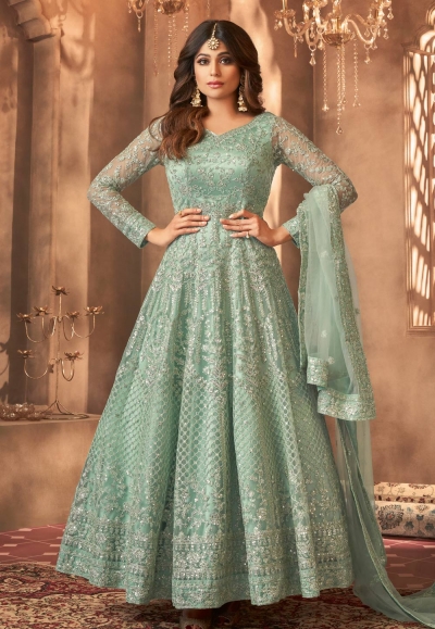 Shamita shetty light green net ankle length anarkali suit 8397