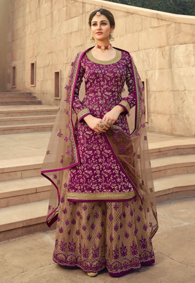 Purple jacquard silk embroidered kameez with palazzo 6702