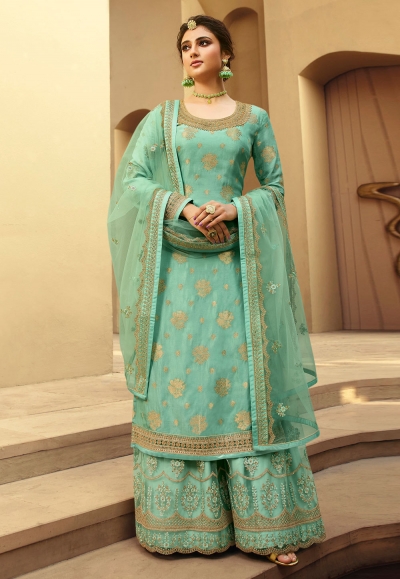 Sea green jacquard silk embroidered kameez with palazzo 6705