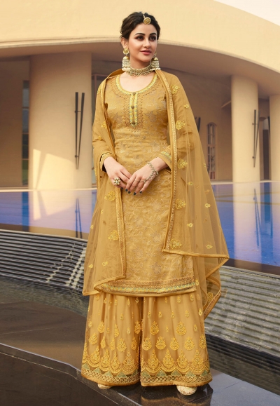 Golden jacquard silk embroidered kameez with palazzo 6707