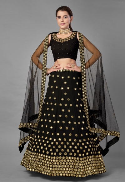 Black georgette mirror work lehenga choli 6804