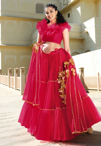 Pink net frilled designer lehenga choli 1001