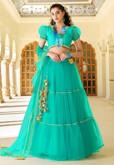 Turquoise net frilled lehenga choli 1003