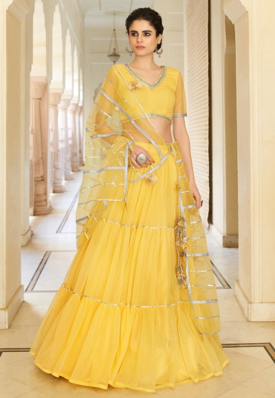 Yellow net frilled lehenga choli 1004