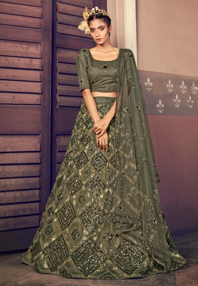 Mehndi net sequins work lehenga choli 1704