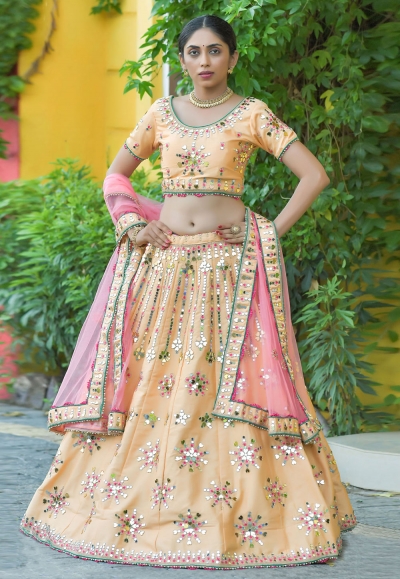 Beige silk mirror work lehenga choli 1141