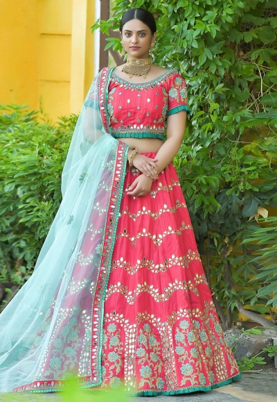 Pink silk mirror work lehenga choli 1142