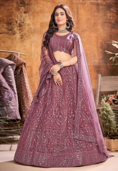 Pink net sequins work lehenga choli 1084