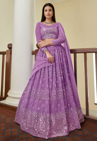 Purple georgette mirror work lehenga choli 7302