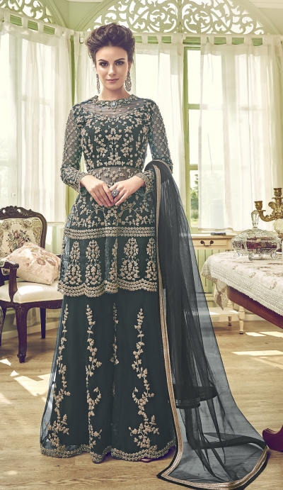 Grey shade butterfly net embroidery palazzo style pakistani suit 6002