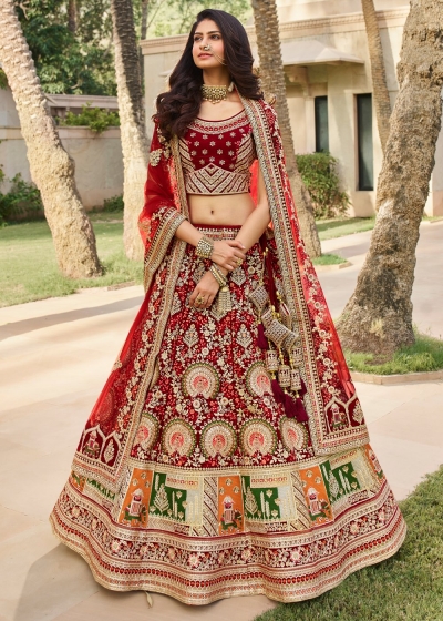 Maroon Indian bridal hand work heavy silk velvet lehenga choli 980