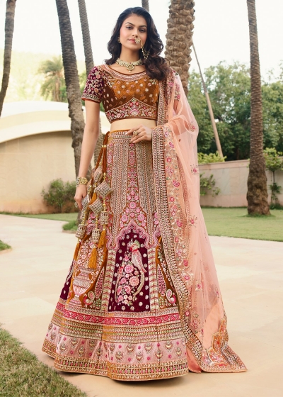 Ochre peach maroon Indian wedding hand work lehenga choli 981