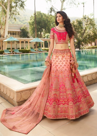 Peach Pink Indian wedding hand work lehenga choli 983