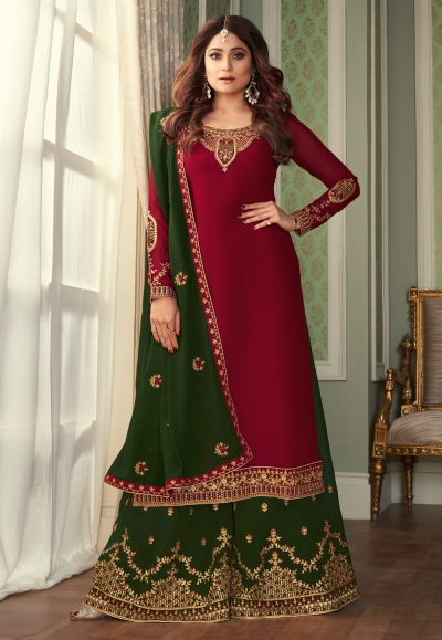 Shamita shetty maroon georgette palazzo suit 8431