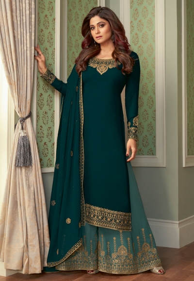 Shamita shetty teal georgette palazzo suit 8419